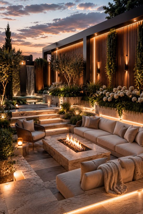 Terrace dining under lamplight